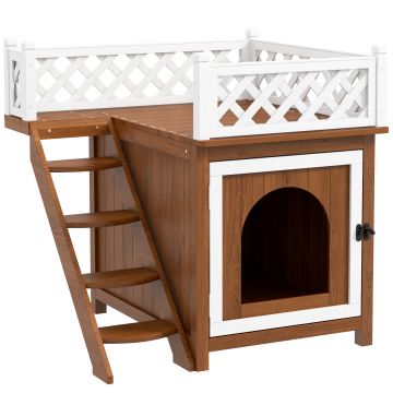 PawHut Casă pentru pisici, cu două nivele, cu balcon și scară, pentru interior și exterior, pentru pisici și iepuri, lemn de brad, Maro | Aosom Romania