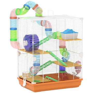 PawHut Colivie pentru hamster rozător 4 etaje cu tunele biberon roată casă scări dim. 46L x 30l x 58H cm portocaliu | Aosom Romania