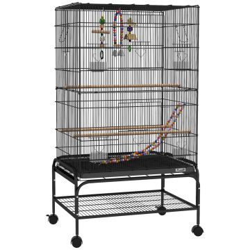PawHut Colivie pentru Păsări 110 cm, Volieră pentru Perusi, Nimfe, Canari, Agapornis, Cinteze cu Roți, 4 Recipiente, Jucării, Tavă Detașabilă, Raft, Negru | Aosom Romania