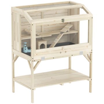 PawHut Cușcă pentru hamster, 2 nivele, cușcă pentru animale mici cu compartiment de depozitare, accesorii, 84 x 53 x 110 cm, lemn natural | Aosom Romania