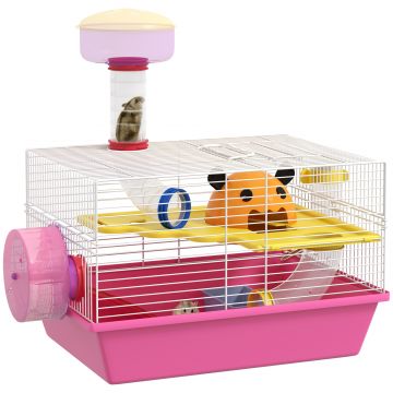 PawHut Cușcă pentru hamster șoarece rozătoare multicoloră cu platformă, biberon apă, roată, casă, 34 x 27 x 25 cm, roz | Aosom Romania