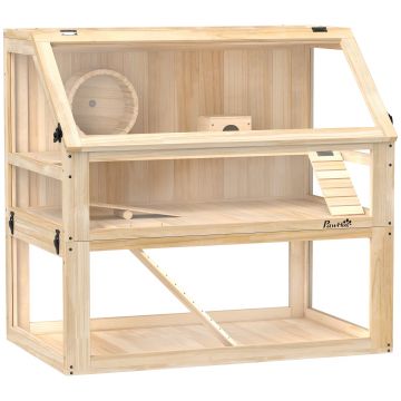 PawHut Cușcă pentru hamster/rozătoare cu 3 niveluri, fund detașabil 31 cm adâncime, căsuță, leagăn, 80x50x76cm, finisaj lemn natural | Aosom Romania