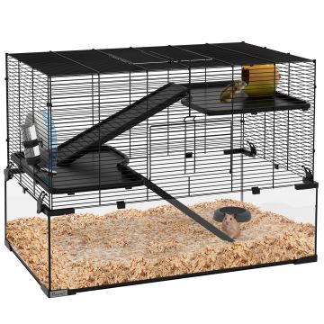 PawHut Cușcă pentru Hamsteri, Gerbili și Animale Mici din Fir de Otel și Sticlă cu Rotiță, 76.5x48.5x54.5 cm, Negru | Aosom Romania