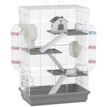 PawHut Cușcă pentru Hamsteri pe 4 Niveluri cu 16 Tuburi, Căsuță, Rampă, Boluri, Rezervor de Apă și Tăviță Antipicurare, Cușcă din Metal și Plastic, 47x30x70 cm, Gri | Aosom Romania