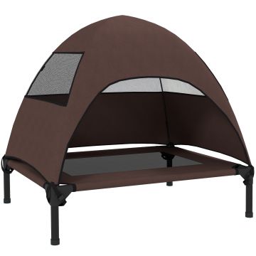 PawHut Cușetă pentru câini de exterior cu acoperiș, pat ridicat pentru câini de talie medie, 76 x 61 x 71cm, Cafea | Aosom Romania