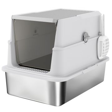 PawHut Extra Large din Oțel Inoxidabil, Litieră pentru Pisici cu Lopățică, Capac Rabatabil | Aosom Romania