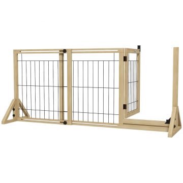 PawHut Gard Extensibil pentru Câini, Gard de Siguranță pentru Animale cu Ușă și 2 Panouri, Picioare Triangulare, 112-159x70 cm, Lemn Natural | Aosom Romania