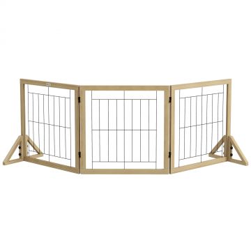 PawHut Gard pliabil pentru câini, gard de siguranță pentru animale de companie și căței cu 3 panouri și suporturi triunghiulare, 210x70 cm, lemn natural | Aosom Romania