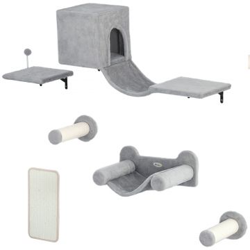 PawHut Perete de cățărat pentru pisici 6 piese set de cățărat cu căsuță pentru pisici, hamac, platformă placă de zgâriat Gri | Aosom Romania