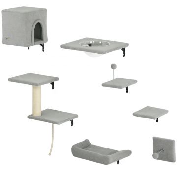 PawHut Perete de cățărat pentru pisici 7 piese set de cățărat pentru pisici cu cușcă, platformă, platformă Gri | Aosom Romania