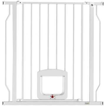 PawHut Poartă pentru Câini și Pisici Extensibilă cu Ușă Integrată, Poartă din Oțel și ABS, 75-85x2x76 cm, Alb | Aosom Romania
