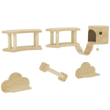 PawHut Set de cățărat pentru pisici, 5 piese, cu stâlp pentru zgâriat, platforme de săritură, scară, căsuță, montare pe perete, bej | Aosom Romania
