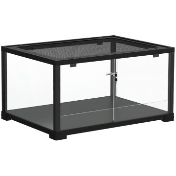 PawHut Terariu pentru Reptile Rialzato 60x45x32 cm cu Dublă Serratura, Ușă pentru Alimentare, Ventilație și Vizualizare a 360°, Rettilario cu Plasă Metalică pentru Șopârle, Păianjeni, Gecko, Șerpi, Negru | Aosom Romania