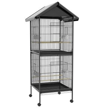 PawHut Volieră pentru Păsări cu Roți, Tăvi Detașabile din Plastic și Stinghii, Colivie pentru Canari din Metal, 168 cm, Negru | Aosom Romania