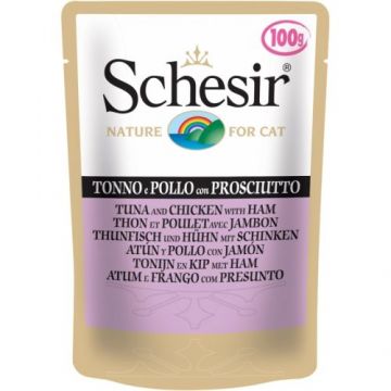 Schesir Cat cu ton, pui si sunca, plic 85 g