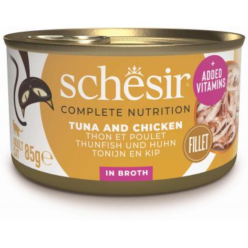 SCHESIR Conservă pentru pisici, cu Ton şi Pui, în supă 85g