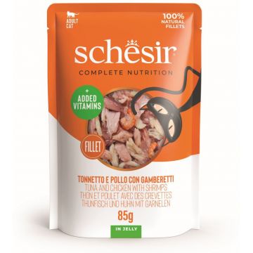 SCHESIR Plic hrană umedă pentru pisici, cu Ton, Pui şi Creveţi, în jeleu 85g