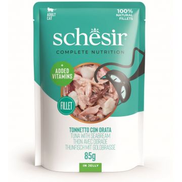 SCHESIR Plic hrană umedă pentru pisici, cu Ton şi Doradă, în jeleu 85g