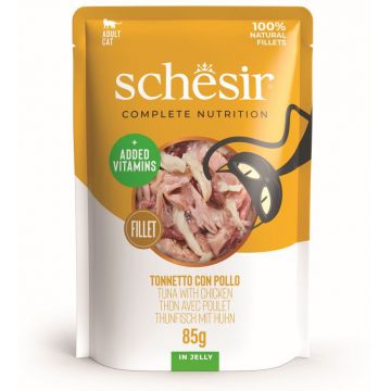 SCHESIR Plic hrană umedă pentru pisici, cu Ton şi Pui, în jeleu 85g
