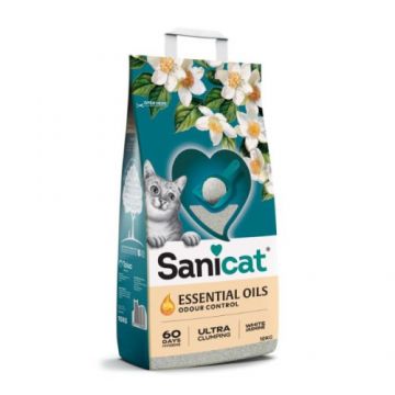 Așternut pentru pisici Sanicat Essential Oils White, cu parfum de iasomie 10 kg