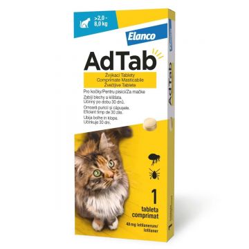 AdTab 48 mg, Antiparazitar Masticabil pentru Pisici (2 - 8 kg), 1 Comprimat