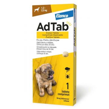 AdTab 56 mg, Antiparazitar Masticabil pentru Câini (1.3 - 2.5 kg), 1 Comprimat