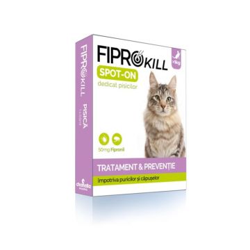 Fiprokill 50 mg Spot-On Pisica -3 Pipete Antiparazitare Cutie