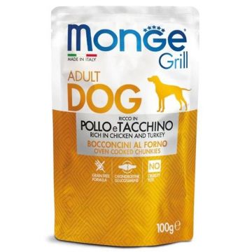 Hrana umeda caini, Monge Grill Adult Dog, Pui & Curcan, 100 g