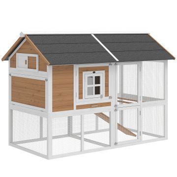 PawHut Adăpost pentru găini cu țarc Cuib tavă extractabilă acoperiș din asfalt pentru 4 găini 200x104x145cm lemn Maro | Aosom Romania