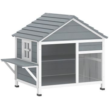 PawHut Casă pentru Pisici Exterioară cu Acoperiș Deschizabil, Fereastră Panoramică, Ușă cu Obloane și Platformă de Odihnă 101x72,5x81cm Gri | Aosom Romania