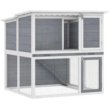 PawHut Clapier iepuri exterior cușcă 2 niveluri spațioasă acoperiș dublă deschidere tavă detașabilă 98x95x102,5cm gri | Aosom Romania