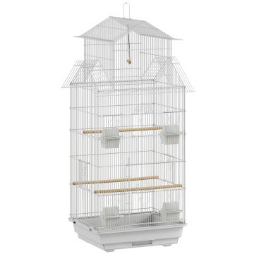 PawHut Colivie din oțel pentru păsări cu hrănițoare, bețe, leagăn și tavă detașabilă 50,5x41x104 cm Alb | Aosom Romania