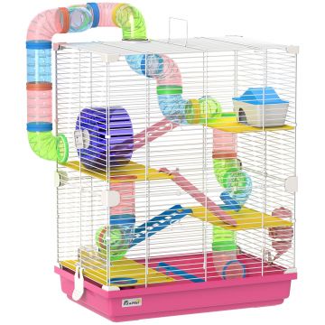 PawHut Colivie pentru Hamster cu Tunel Platforme Bol Adăpător Căsuță Rampe și Roată de Exerciții 46x30x58 cm Roz | Aosom Romania