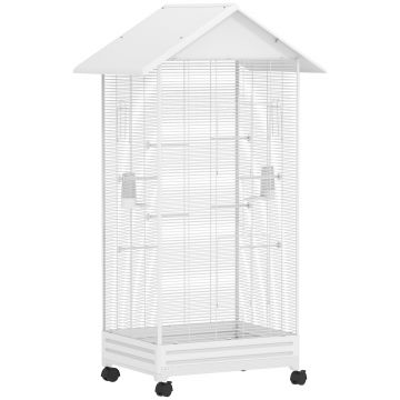 PawHut Colivie pentru Păsări cu Roți și Sertar Detașabil, Volieră din Oțel pentru Papagali, Canari, Perusi, Mare cu Stinghii, Acoperiș și Hrănitoare, Interior Exterior, 79x65x155cm, Alb | Aosom Romania