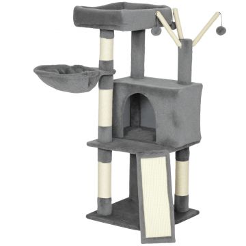 PawHut Copac pentru pisici turn de joacă pentru pisici cu stâlpi și covoraș din sisal, platformă, cușcă, hamac, 40,5 x 40,5 x 103 cm, gri | Aosom Romania