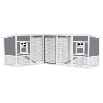 PawHut Cotet pentru găini casă din lemn în formă de L cu 2 case, 2 niveluri, zonă de alergare, rampă, 251 x 192 x 103 cm Gri | Aosom Romania
