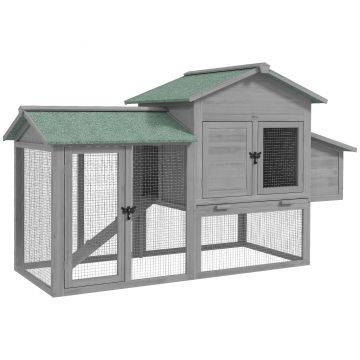 PawHut Cotet pentru găini din lemn adăpost cu tarc exterior cuib rampă tavă extractabilă pentru 2-4 găini 168x75x103cm Gri | Aosom Romania