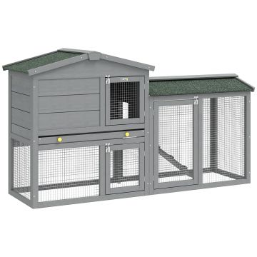 PawHut Cușcă din lemn cu 2 nivele, cu acoperiș din asfalt, tavă detașabilă și scară pentru exterior 150x45x85 cm Gri | Aosom Romania