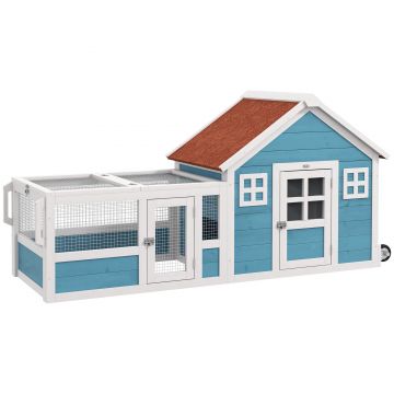 PawHut Cușcă mare pentru iepuri cu 2 ferestre decorative roți 1 ușă 1 rampă și acoperiș asfaltat 162,5x59,2x77,6 cm Albastru | Aosom Romania