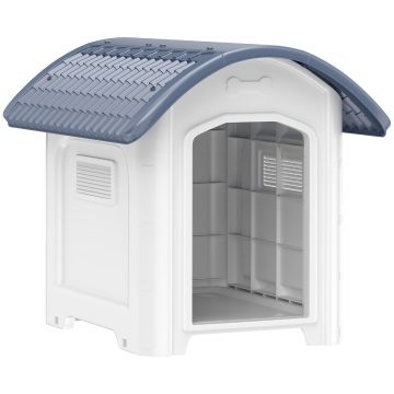 PawHut Cușcă pentru câine de exterior, casă pentru câine din plastic cu podea ridicată și amovibilă, acoperiș impermeabil, gri | Aosom Romania