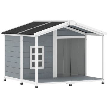 PawHut Cușcă pentru câini rezistentă la intemperii, cușcă înălțată din lemn cu acoperiș din asfalt, terasă, pentru câini de talie medie 103x107x83,5cm Gri | Aosom Romania