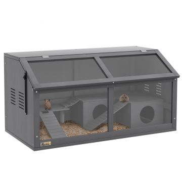 PawHut Cușcă pentru hamster, cușcă din lemn pentru animale mici, punte suspendată, scări, căsuță, 84 x 45 x 44 cm, pentru hamsteri pitici, Gri | Aosom Romania