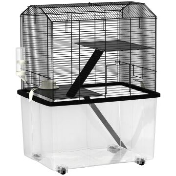 PawHut Cușcă pentru hamster cușcă rozătoare 3 etaje cu roți platformă și scară din sârmă de oțel 57 x 43 x 74 cm negru | Aosom Romania