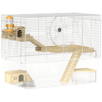 PawHut Cușcă pentru hamster în 3 nivele, cușcă pentru rozătoare cu roată de exerciții, tavă adâncă transparentă, 59 x 35,5 x 47 cm, alb | Aosom Romania