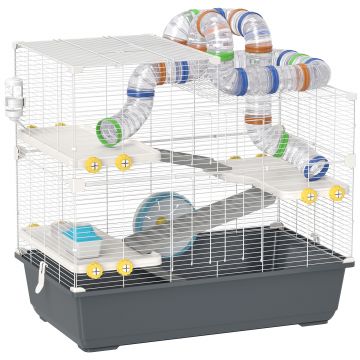 PawHut Cușcă pentru hamster pitic, 4 nivele, sistem de tuneluri, căsuță, accesorii, deschidere superioară, 78 x 45 x 73 cm, Gri | Aosom Romania