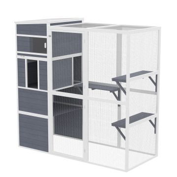 PawHut Cușcă pentru pisici în aer liber Casă din lemn cu 3 platforme acoperiș rezistent la intemperii zonă de odihnă pentru 3-4 pisici până la 10 kg Gri | Aosom Romania