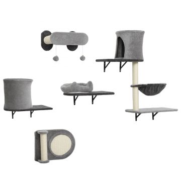 PawHut Etajere murale pentru pisici copac de perete 5 piese 2 cuști hamac platforme zgârietori din sisal gri | Aosom Romania