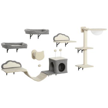 PawHut Etajere murale pentru pisici set mobilier de perete 6 piese hamac cu bulă acrilică cușcă hamac scară bej | Aosom Romania