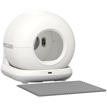 PawHut Litieră cu Auto-Curățare, Cameră HD, Recipient de 7L și Senzori, din PP și ABS, 58.1x47.5x53 cm, Alb și Gri | Aosom Romania