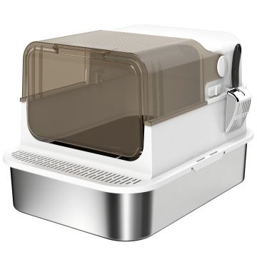 PawHut Litieră închisă din oțel inoxidabil pentru pisici, casă de toaletă pentru pisici cu paletă, 70 x 50 x 46,5 cm, alb | Aosom Romania